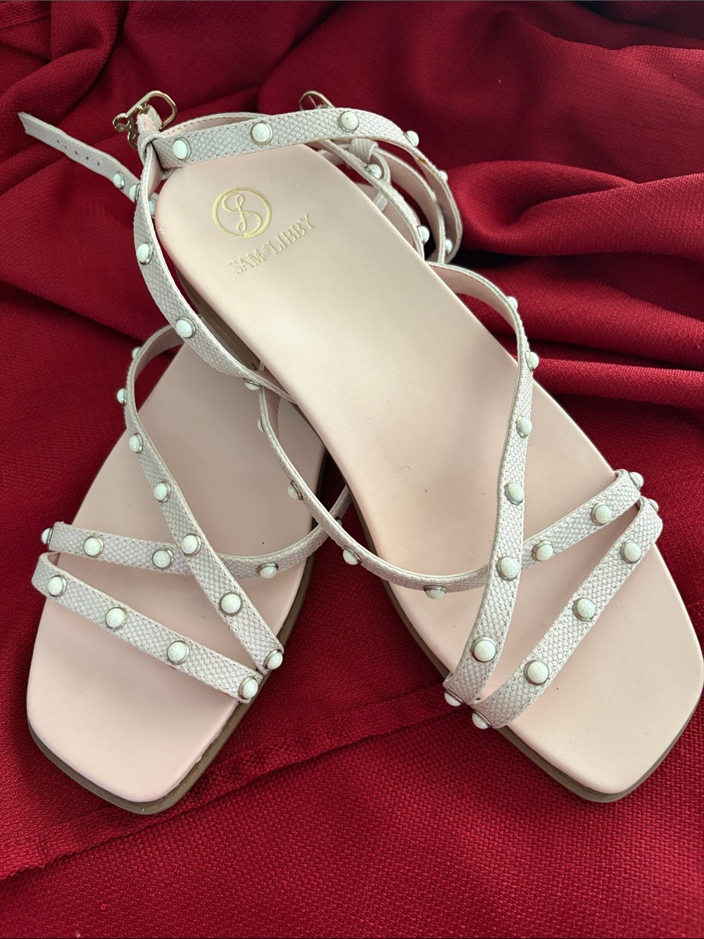 Sam & Libby Light Blush Pearl-Studded Strappy Sandals 9.5